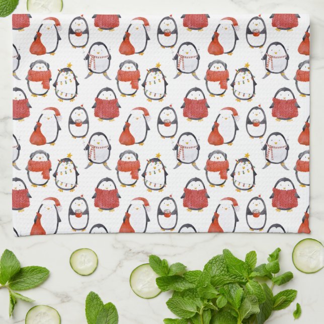 Cute Festive Penguins Pattern Christmas Kitchen Towel (Folded)