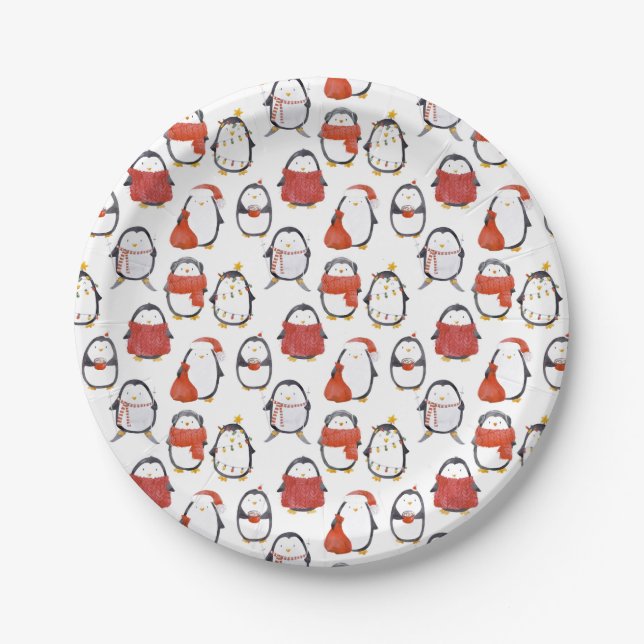 Cute Festive Penguins Pattern Christmas Party Paper Plates (Front)