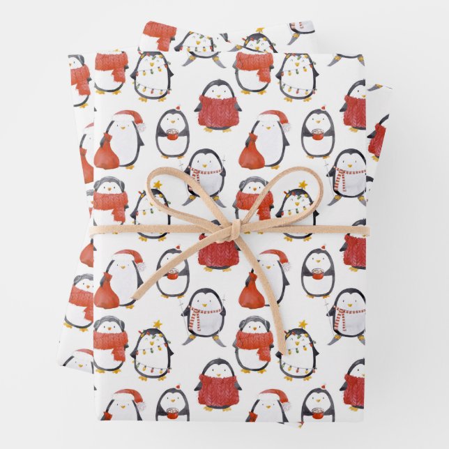 Cute Festive Penguins Pattern Christmas Wrapping Paper Sheets (In situ)