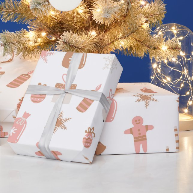 Cute Festive Pink Christmas Gingerbread Snowflakes Wrapping Paper (Holidays)