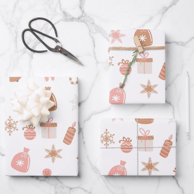 Cute Festive Pink Christmas Gingerbread Snowflakes Wrapping Paper Sheets (Front)