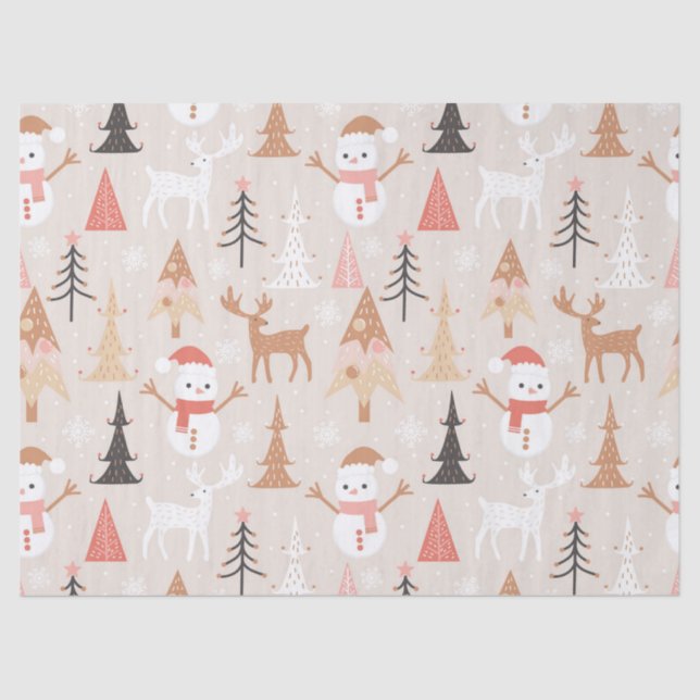 Cute Festive Pink Christmas Tree Snowman Reindeer Tissue Paper (Front)