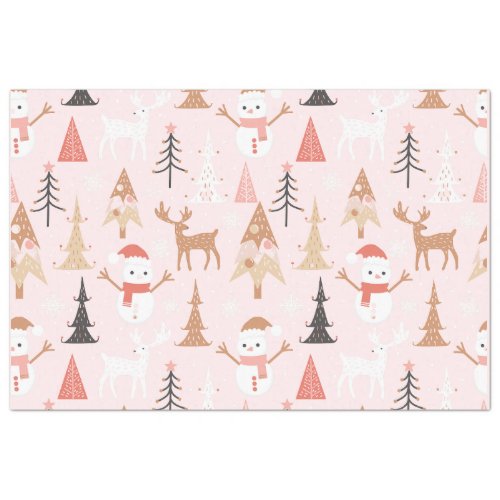 Cute Festive Pink Christmas Tree Snowman Reindeer Tissue Paper