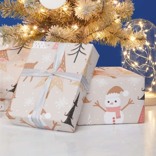 Cute Festive Pink Christmas Tree Snowman Reindeer Wrapping Paper (Holidays)