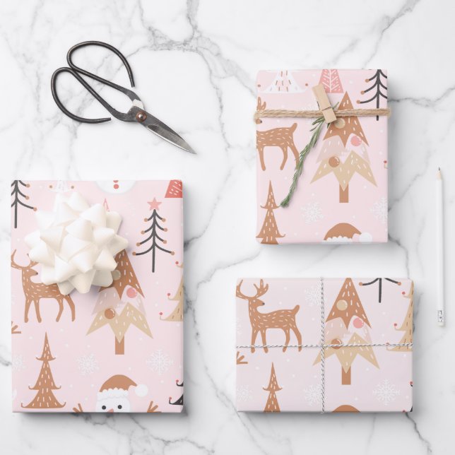 Cute Festive Pink Christmas Tree Snowman Reindeer Wrapping Paper Sheets (Front)