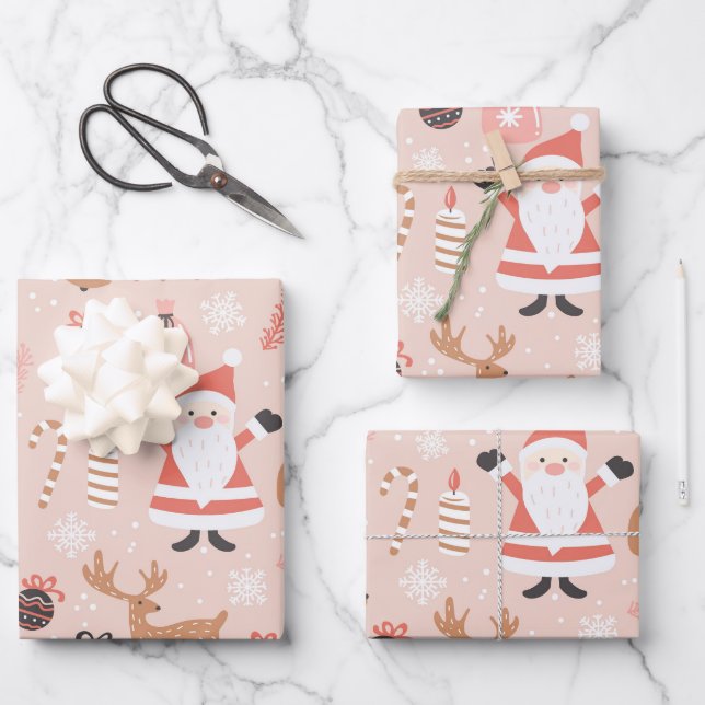 Cute Festive Pink Christmas Tree Snowman Reindeer Wrapping Paper Sheets (Front)