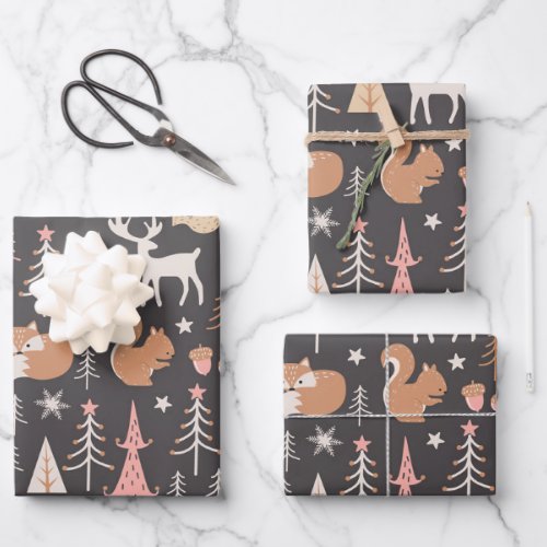 Cute Festive Pink Christmas Tree Squirrel Reindeer Wrapping Paper Sheets