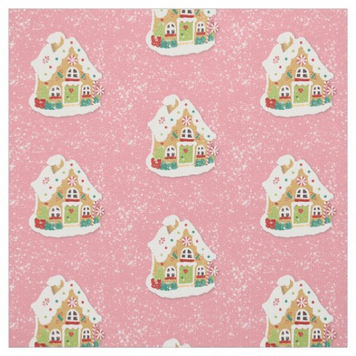 Cute Festive  Pink Snowy Gingerbread House Pattern Fabric