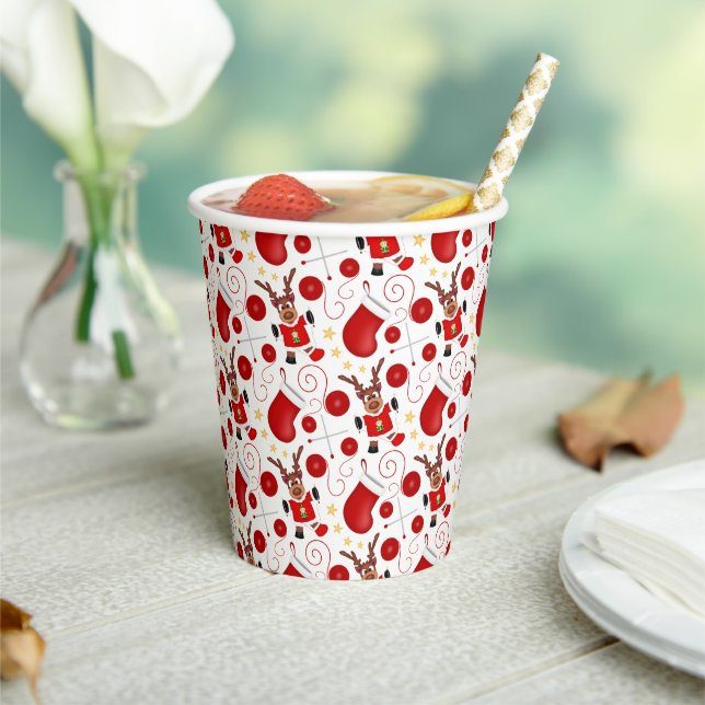 Cute Festive Red Christmas Reindeer Paper Cups (Insitu)
