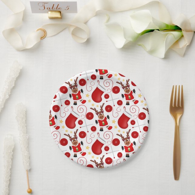 Cute Festive Red Christmas Reindeer Paper Plates (Wedding)