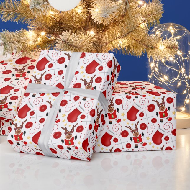 Cute Festive Red Christmas Reindeer Wrapping Paper (Holidays)