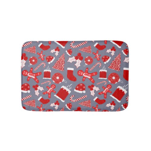 Cute Festive Red Illustrations Christmas Pattern Bath Mat