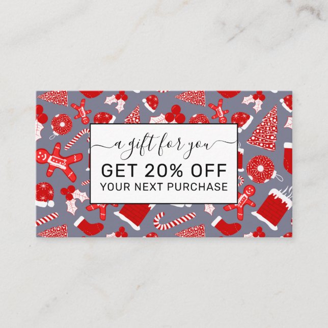 Cute Festive Red Illustrations Christmas Pattern Discount Card (Front)