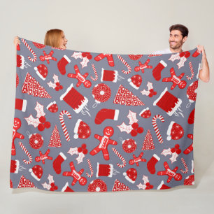 Cute Festive Red Illustrations Christmas Pattern Fleece Blanket