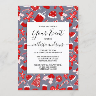 Cute Festive Red Illustrations Christmas Pattern Invitation