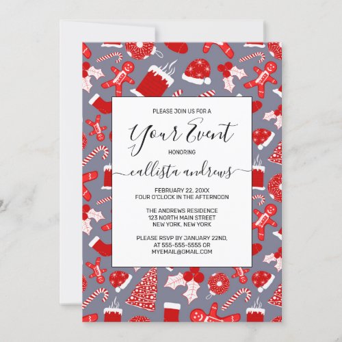 Cute Festive Red Illustrations Christmas Pattern Invitation