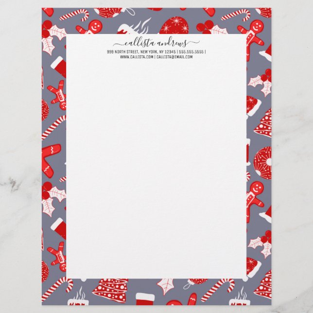 Cute Festive Red Illustrations Christmas Pattern Letterhead (Front)