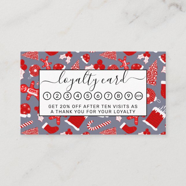 Cute Festive Red Illustrations Christmas Pattern Loyalty Card (Front)