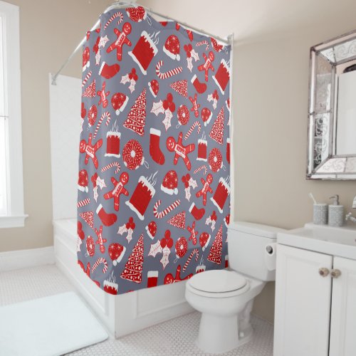 Cute Festive Red Illustrations Christmas Pattern Shower Curtain