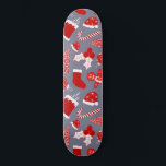 Cute Festive Red Illustrations Christmas Pattern Skateboard<br><div class="desc">This cute and simple Christmas pattern is perfect for the festive and fun vibe. It features hand-drawn cartoon illustrations of a snowy chimney, stocking, ornament, holly berries, ivy leaves, Christmas tree, candy cane, gingerbread man, and Santa Claus hat on top of a dusty dark and light blue background. It's modern,...</div>