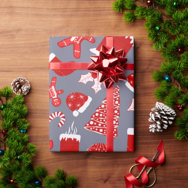 Cute Festive Red Illustrations Christmas Pattern Wrapping Paper (Holiday Gift)