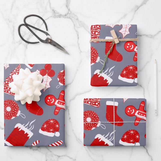 Cute Festive Red Illustrations Christmas Pattern Wrapping Paper Sheets (Front)