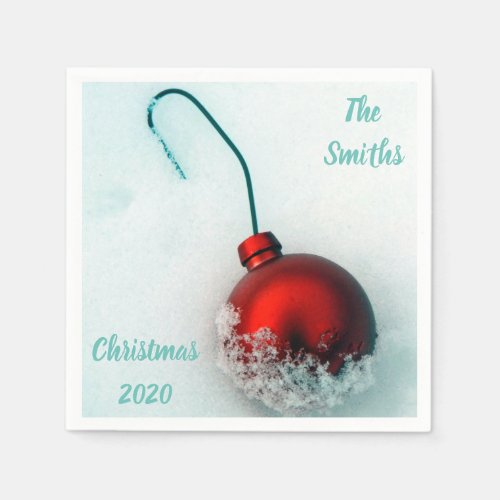 Cute festive red ornament on snow holiday photo napkins