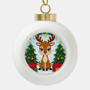 Cute Festive Reindeer Surrounded by Christmas Tree Ceramic Ball Christmas Ornament