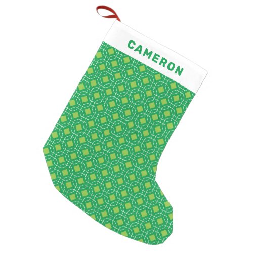 Cute Festive Retro Pattern Green Personalized Name Small Christmas Stocking