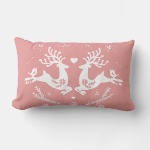 Cute Festive Scandi Pink Christmas Deer  Lumbar Pillow