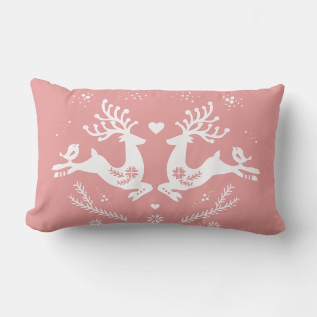 Cute Festive Scandi Pink Christmas Deer  Lumbar Pillow (Front)
