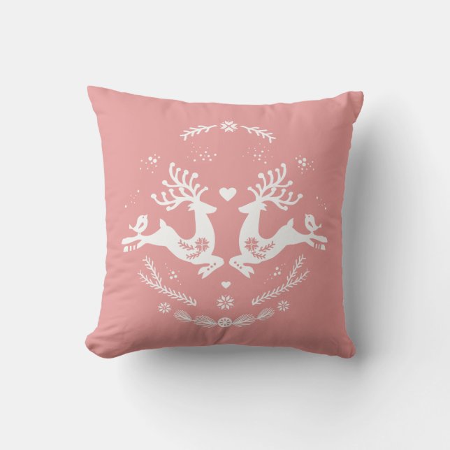 Cute Festive Scandi Pink Christmas Deer  Throw Pillow (Front)