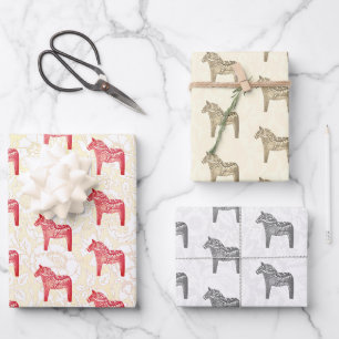 Cute Festive Scandi Red Beige and Grey Dala Horse Wrapping Paper Sheets