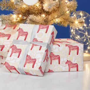 Cute Festive Scandi Red Dala Horse Wrapping Paper