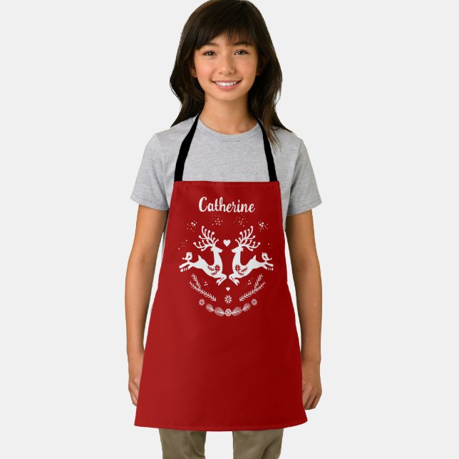 Cute Festive Scandi Red White Christmas Deer  Apron (Insitu)
