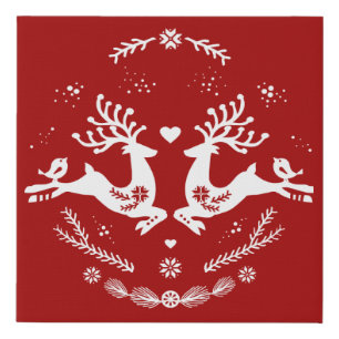 Cute Festive Scandi Red White Christmas Deer  Faux Canvas Print