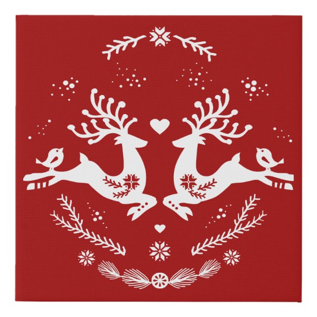 Cute Festive Scandi Red White Christmas Deer  Faux Canvas Print (Front)