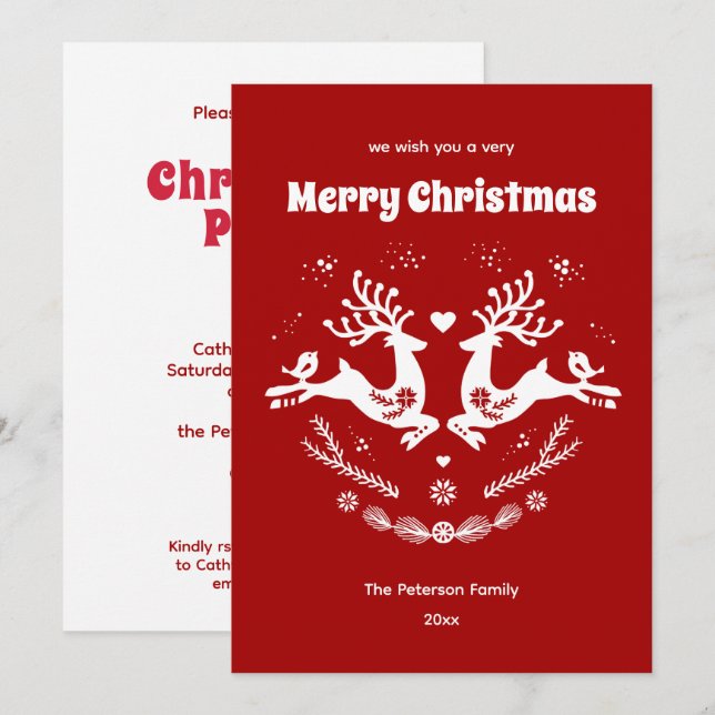 Cute Festive Scandi Red White Christmas Deer  Invitation (Front/Back)