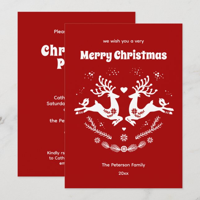 Cute Festive Scandi Red White Christmas Deer  Invitation (Front/Back)