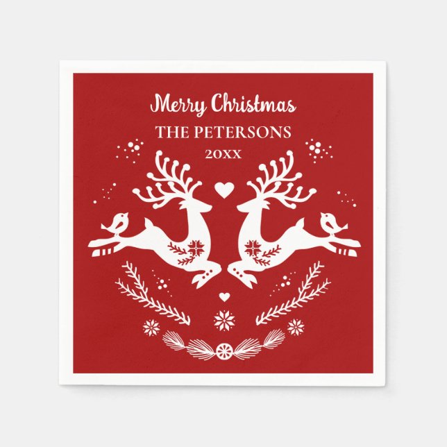 Cute Festive Scandi Red White Christmas Deer  Napkins (Front)