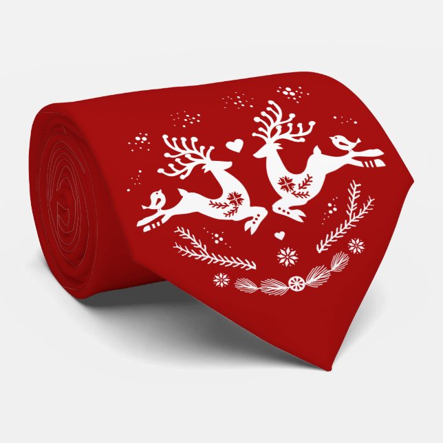 Cute Festive Scandi Red White Christmas Deer  Neck Tie (Rolled)