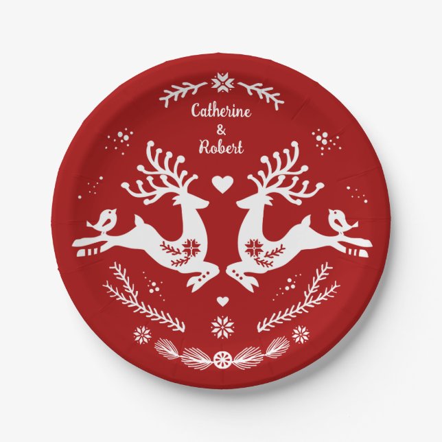 Cute Festive Scandi Red White Christmas Deer  Paper Plates (Front)