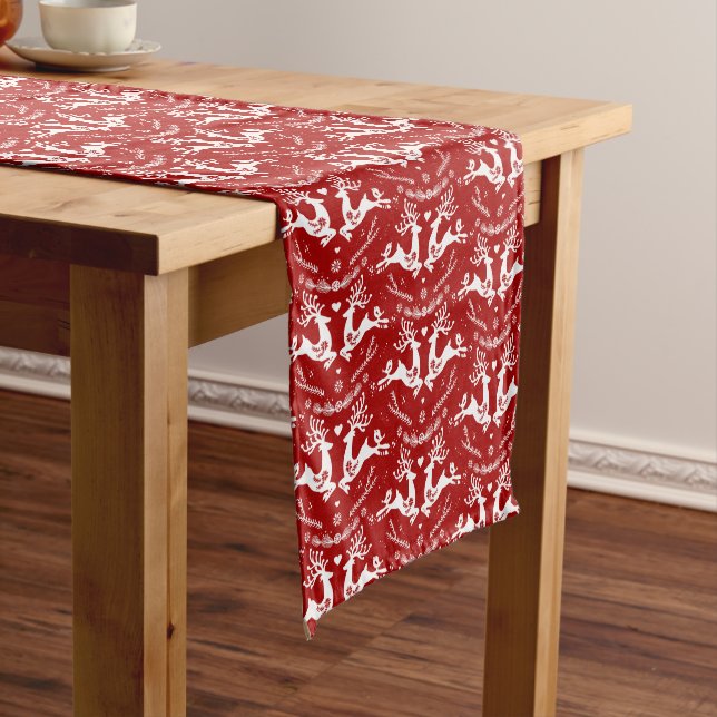 Cute Festive Scandi Red White Christmas Deer  Short Table Runner (In Situ)