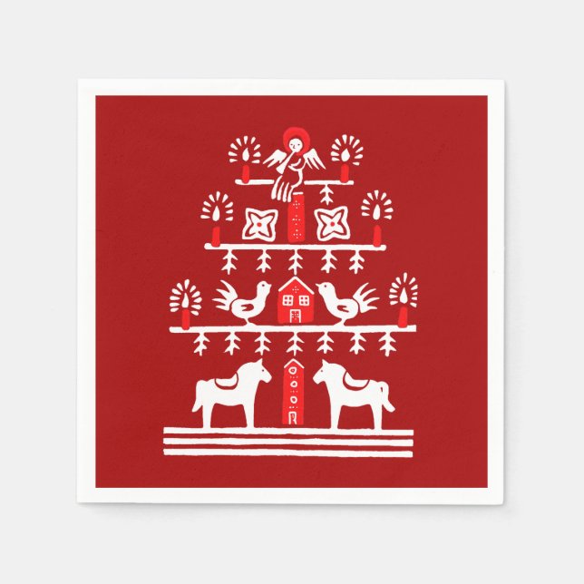Cute Festive Scandi Red White Christmas Tree Napkins (Front)