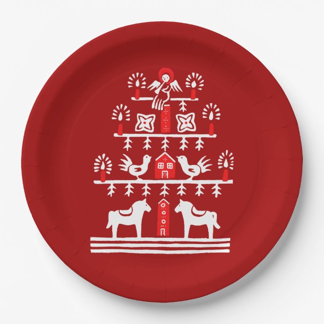 Cute Festive Scandi Red White Christmas Tree Paper Plates (Front)