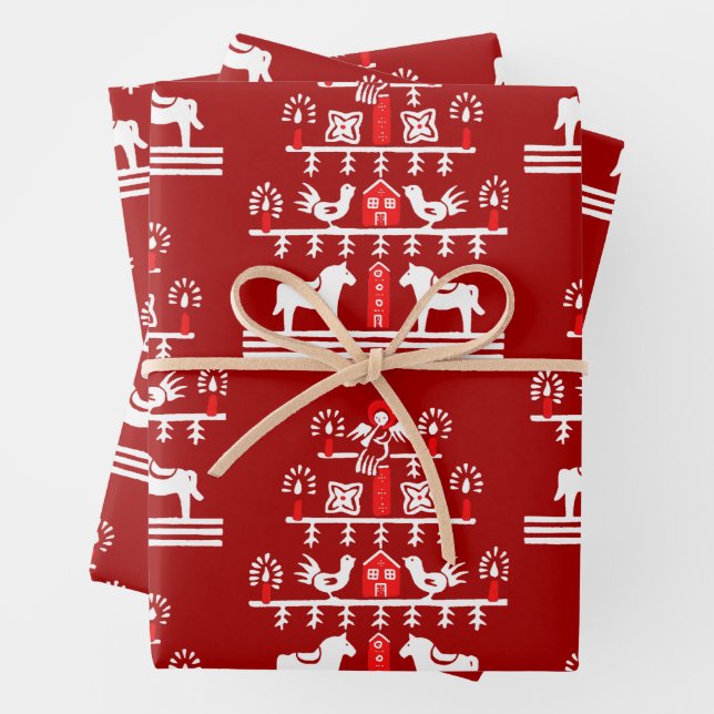 Cute Festive Scandi Red White Christmas Tree Wrapping Paper Sheets (In situ)