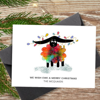 Cute Festive Sheep with Christmas Lights Holiday Card