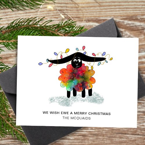 Cute  Festive Sheep with Christmas Lights Holiday Card