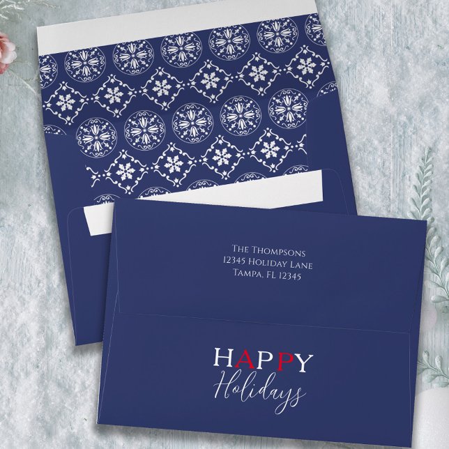 Cute Festive Snowflake Christmas Holiday Envelope (Happy Holiday red and blue with white snowflakes envelopes. )