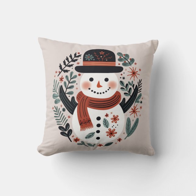 Cute Festive Snowman Christmas Throw Pillow (Front)